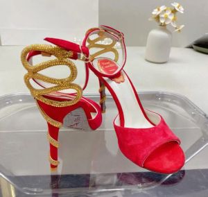 With Box Brand Renecaovilla Morgana Sandals Shoes Women Gold Crystal Snake Wrapped Waterproof Taiwan Lady High Heels Party Wedding Dress Gladiator