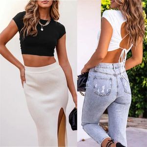 Kvinnors T-skjortor Kvinnor Kort ärm Skinny Crop Top O-Neck Crisscross Lace-Up Backless T-shirt