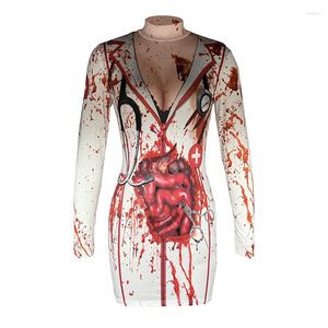 Casual Dresses Women Halloween långärmad klänning med blodig tryck Deep V Neck Organ Mönster Holidaykläder