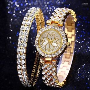 Wristwatches Fashion Women Bracelet Watches Set Luxury Flowers Full Diamond Watch Quartz Wristwatch Ladies Dress WatchWristwatches Iris22