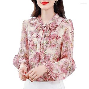 Women's Blouses 2023 Printed Chiffon Blouse Ladies Spring/Summer Thin Shirt Women Large Size Loose Pullover Soft Ruffled Bow Tops JH285