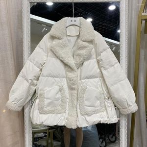 Kvinnor Trenchockar Real Wool 2023 Coat Winter Women 90% White Duck Down Jacka Solid Laple Fur and Lamb Hair Stitching Ytterkläder