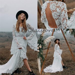 Frence Lace Bohemian Wedding Dress 2023 Mermaid Long Sleeve Boho Robe De Mariee Sexy Open Back Greek Country Civil Bride Dresses Fall White Beach Bridal Skirt Rock