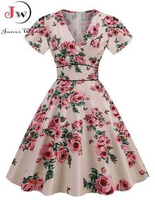 Sukienki swobodne vintage 60s 50s Big Swing Summer Sukienka Kobieta przyczynowa szata midi pinup tunika Sundress krótkie rękawie v szyję impreza vestidos Z0216