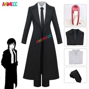 Anime Kostümleri Animecc Chainsaw Man Makima Cosplay Comp Siyah Hendek Gömlek Kravat Pantolon Makima Peruk Uzun Işık Kırmızı Örgü Erkek Kadınlar UYGULAMAZ Z0301