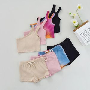 Zestawy odzieży 2PCS Małe dziewczynki Toddlers w stylu rekreacyjnym krawat-farbowanie mieszane/stałe kolory opadające ramię w ramię Shorts Zestaw 1-5T