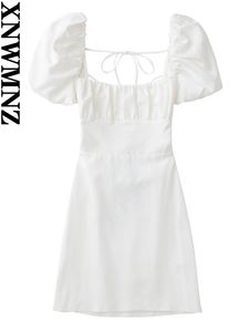 Sıradan elbiseler xnwmnz kadınlar beyaz moda keten karışım elbise kadın kare boyun kısa puflu kollar kadınlar için arkasız geçiş kayışları s 230302