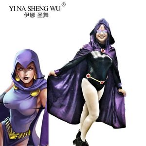 Anime Costumes Teen Titans Super Hero Raven Cosplay Come Women Black Bodysuit Purple Hooded Cloak Jumpsuits Halloween Party Come Suit Z0301