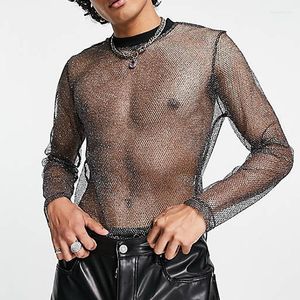 Erkekler Tişörtleri 2023 Stil İnce Erkek Şeffaf T-Shirtler Durum Kostüm Moda O boyun tee Teps Sterewtear Seksi Parti Uzun Kollu Mesh