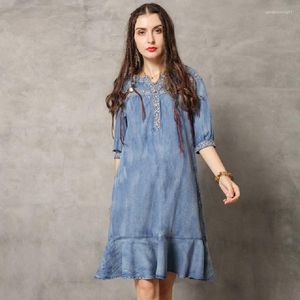 Casual Dresses Autumn 2023 Women Ruffled Denim Elegant Dress With Pockets Embroidered Vintage Jeans W749