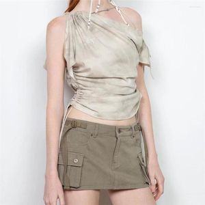 Kjolar koreanska mode mini för kvinnor vintage armé gröna kvinnor 2023 sommar svart last kjol med fickor och bälte