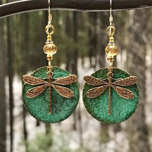 Dangle Earrings Creative Retro Round Bronze Color Dragonfly Green For Ladies Niche Drop Earring Business Party Anniversary Jewelry Gift