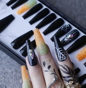 Luxe zwarte kistspider met kristal handgemaakt schilderij valse nagels oranje glitter ombre Franse pers op nagels gothic 2207257935625