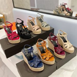 Damensandalen mit hohen Absätzen, klassisches Lackleder, rote Plattform, leichtes Seil, gewebt, Kreuzgürtel, Fischerschuhe, Luxus-Designer, Joker, Keilabsatz, bequeme Sandalen, mit Box