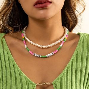 Chains Holiday Style Colorful Rice BEADS BEADED Collarbone Necklace Women's Simple And Versatile Letter Imitation Pearl XL19Chains