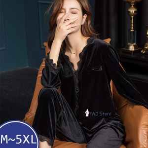 Kadın pijama kış 4xl 5xl siyah dantel kadın kadife pijamaları sıcak gece sweatwear büyük gece seksi sıcak ev kıyafetleri pijama pijama 230303