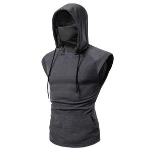 Men's Tank Tops Mens Gym Hoodie Sleeveless wi Mask Sweatshirt Hoodies Casual Splice Large OpenForked Male Cloing Mask Button Sports Hooded Z0320