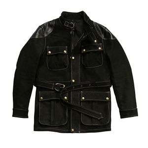 Frosted oxskin jacket with stand-up collar splicing hunting suit locomotives coats Belt type