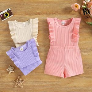 Kleidungssets Sommer Baby Mädchen Süße Outfits Kleinkinder Feste Kleidung Set Baumwolle Gerippte Rüschen Ärmellose Tops Shorts 2 Stücke Kinder