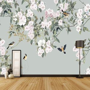 Papéis de parede Papéis de parede de parede mural personalizados 3D Flores e pássaros Pintura de parede Sala de estar Estudo Decoração de casa Auto-adesivo PO POPA PO