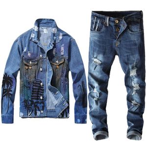 Four Seasons Men's Tracksuits Spring Autumn Male Vintage Print Blue Denim Jacket Pants Two Piece Set Casual Coat Stretch J243s