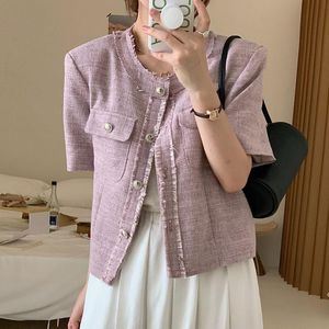 Frauenjacken Sommer Elegante kurzärmelige Jacke sanfte lila runde Hals Fransen Rand Ein-Bastentier-Taschen-Design Tweed Short Coatwome