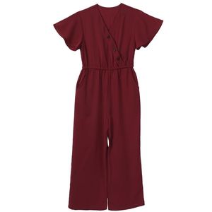 Jumpsuits Kids Girls Overalls Casual Solid Color V Neck Flutter Sleeves High Waist Wide Leg Long Pants Jumpsuit Outfit Summer Girl Clothes