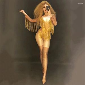 Sahne Giyim Caz Dans Kostüm Tassel Rhinestone Sulma Seksi DJ Dancer Kıyafet Kadın Kutup Bodysuit Şarkıcılar için Çılgın Giysiler DNV10531