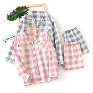 Women's Sleepwear Fashion plaid 100% gauze cotton lovers pajamas sets women men spring long sleeve Japanese casual sleepwear pyjamas Homewear 230303