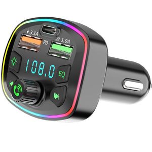 Q7 Caricabatterie per auto Bluetooth 5.0 Trasmettitore FM PD 18W Type-C Dual USB Accendisigari con luce ambientale Lettore musicale MP3