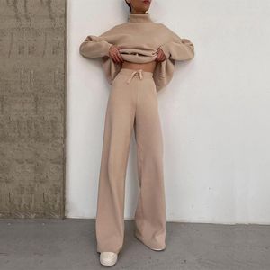 Kadınlar İki Parçalı Pantolon Sonbahar Kış Sabit Set Kadın Moda Bultlenek Uzun Kollu Külot Üstler Geniş Bacak Takım File Kıyafetleri
