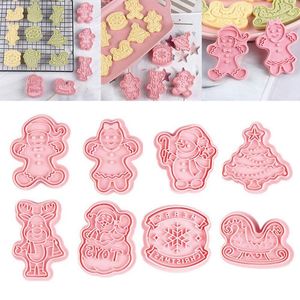 Moldes de cozimento 8pcs/conjunto de bolo ferramenta plástico floco de neve plástico Papai Noel Manger 3D Cookie Cutter Christmas Biscuit Mold Mold Snowman