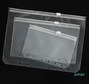 Diseñador-A5/A6/A7 Cubierta de carpeta PVC Bolsa de almacenamiento transparente de la cremallera 6 hoyos Papelería impermeable Saco de documento portátil de viajes