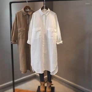 Kadın Bluzları 2023 Kadınlar Gevşek Uzun Kollu Üstler Sıradan Beyaz Gömlek Bahar Yaz Orta Zarif Bluz Sokak Giyim Moda