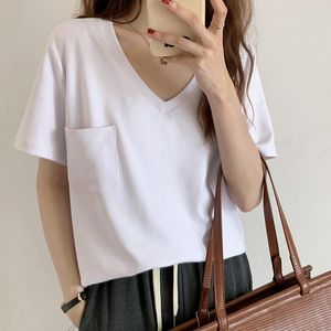 Women's T Shirts Female Casual Black Short Korean Sleeve Women V Neck Cozy Pocket White Shirt Fashion Solid Loose Summer