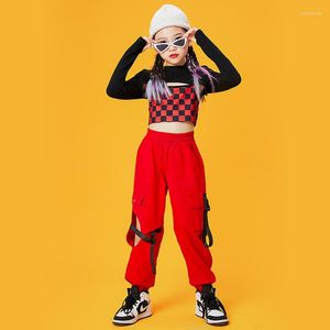 女の子のためのステージウェアジャズダンスコスチューム長袖クロップトップ貨物パンツスーツストリートキッズヒップホップレイブ服DQS8523