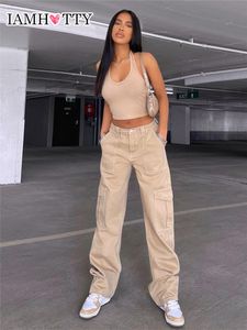 Damen Jeans Vintage Khaki Wide Leg Cargo Jeans Hohe Taille Große Taschen Baggy Denim Hosen Lässige Übergroße Hosen Straße Jogginghose Iamty 230303