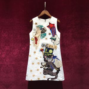 Casual Dresses Summer Mini Dres Fashion Cat Printing High Quality Heavy Industry Beaded Sleeveless BodyCon Light Luxury 230303