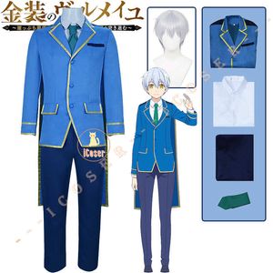 Anime kostymer anime kinsou no vermeil guldfylld cosplay alto come hår peruk blå kappa kort skol uniform vit vermeil i guld djävul män z0301