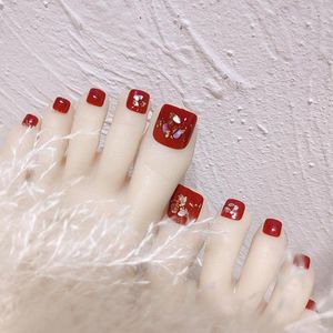 False Nails Fake Toe 24Pcs Glossy Red Toenail Sparkling Wearable Nail For Women And Girl French Style TN