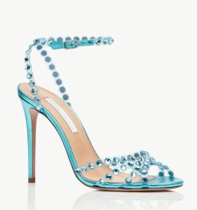 Summer 24SS Brand Tequila Sandals Shoes Women Jewel Crystal Strappy Gladiator Sandalias PVC & Leather Stiletto Heel Wedding Party Dress Evening