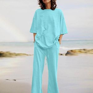 Pantaloni a due pezzi da donna 2 pezzi/set elegante cavallo profondo elastico in vita set da donna camicetta estiva semplice traspirante