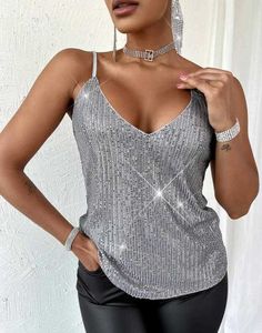 Damen Tanks Camis Sommer sexy Damen Tank Tops Sparkling Allover Pailletten V-Ausschnitt Cami Top Einfarbig lässig neue Mode Damenbekleidung weibliche Outfits T230303