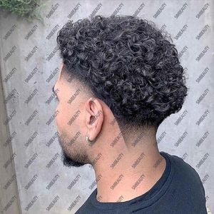 Off Black Brown Men's Peruki 20 mm Curly Human Hair Unit Super Trwałość Cienka skóra Pełna PUupee Capilary Proteza