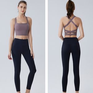 LL Reggiseno da yoga da donna, schiena estiva a forma di croce, senza anello in acciaio, pettorina integrata, gilet fitness da donna senza maniche, antiurto, arricciato per il fitness da yoga