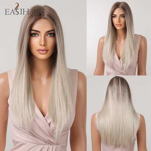 Perucas sintéticas easihair platinum loira lace frontal perucas sintéticas Longo frontal natural reto para mulheres resistentes ao calor 2302227