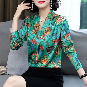 Women's Blouses 3XL Autumn Office Lady Blouse Style Long Sleeve Flower Printed Silk Shirt Fashion V-neck Women Tops Blusa Feminina