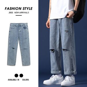 Calça masculina rasgou jeans masculino 2023 Verão larga larga perna larga coreana marca da moda coreana calça de roupa masculina direta