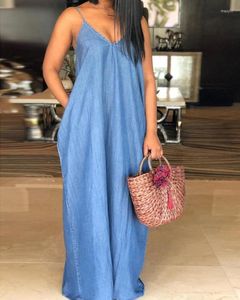 Casual Dresses Summer Spaghetti Strap Denim Dress Plain rakt v-ringning maxi mode streetwear kvinnor ottd