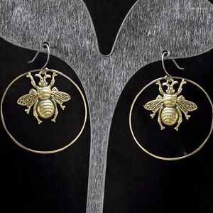 Orecchini pendenti Semplice cerchio d'oro Honey Bee per le donne Antico geometrico Goccia grande Cerchio appeso Metallo minimalista